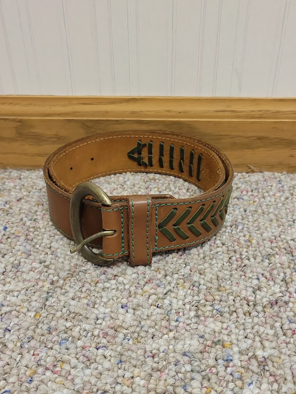 Tuareg For Benetton Brown Leather Men's Belt with Green Accent Small. Western